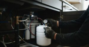 Eviçi su arıtma sisteminin tank basıncını manometre ile kontrol eden teknisyen elleri.